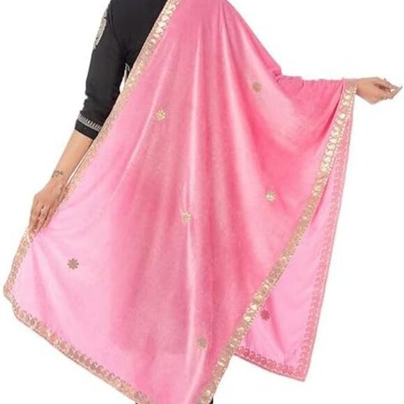 Women’s Embroidered Velvet Dupatta Pink Gold Elegant Ethnic Accessory - Picture 5 of 5